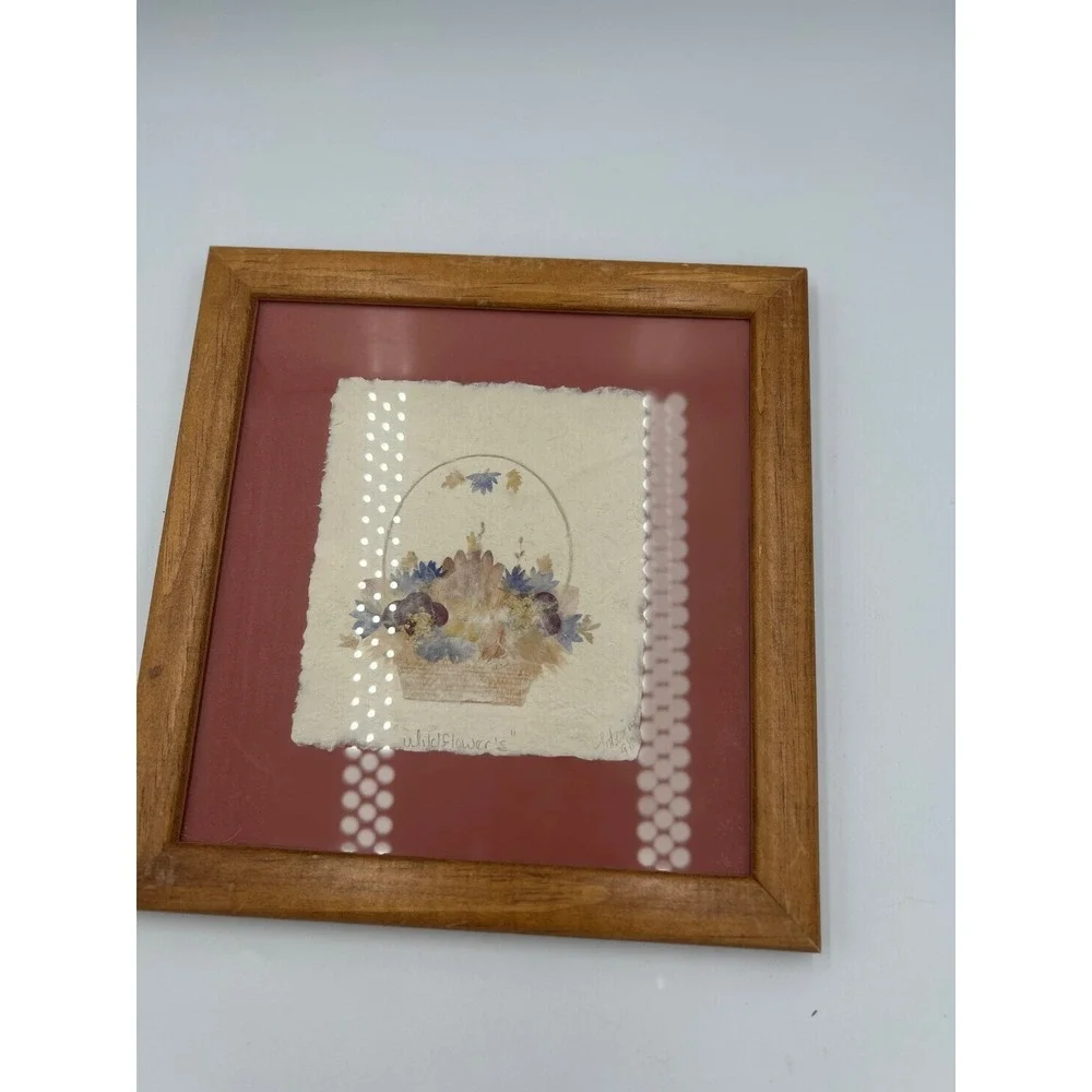 Vintage 1998 Signed Antonia Wildflowers Pressed Flower Art Oak Wood Frame 10.5